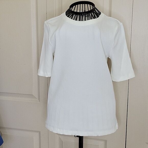 DIANE VON FURSTENBERG White Ribbed Crewneck Tee Size Large NWT - Picture 2 of 9